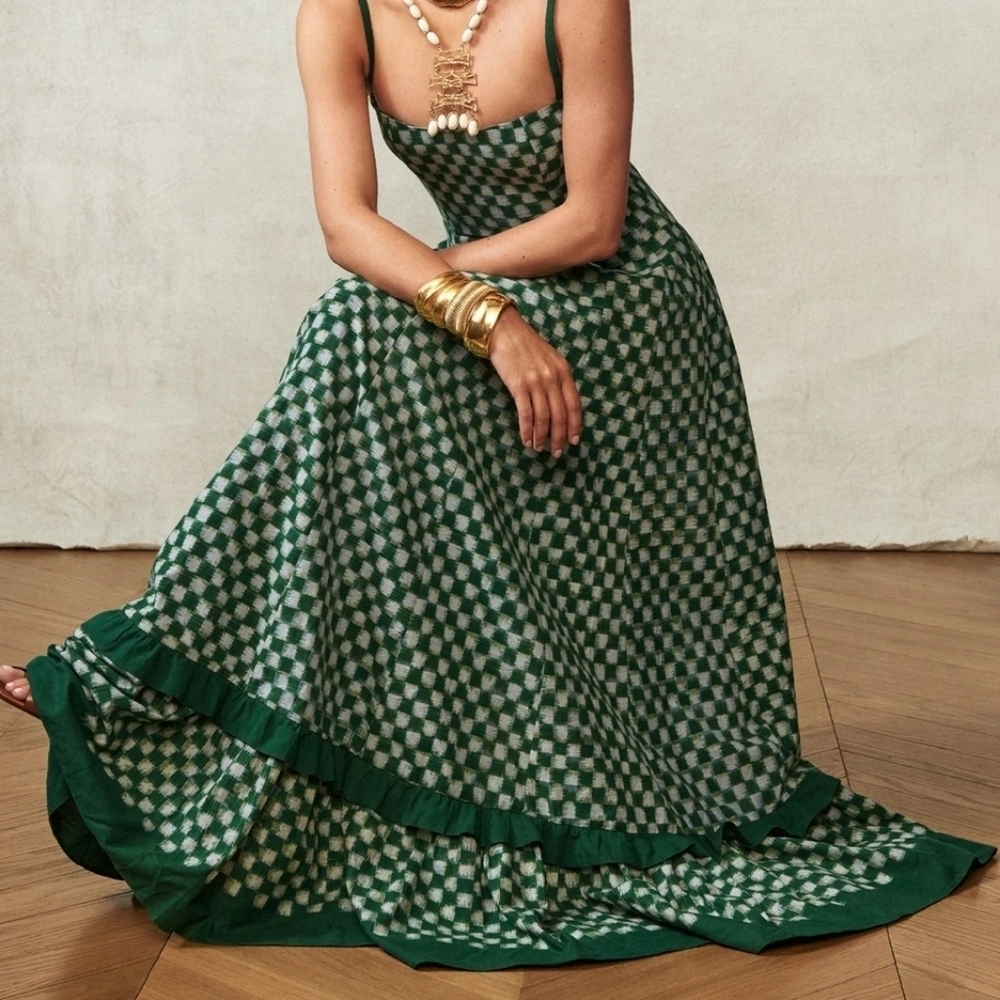 Spaghetti Straps Checkerboard Print Zip Slip Flowy Ruffled Long Maxi Dress - Picture 3 of 5